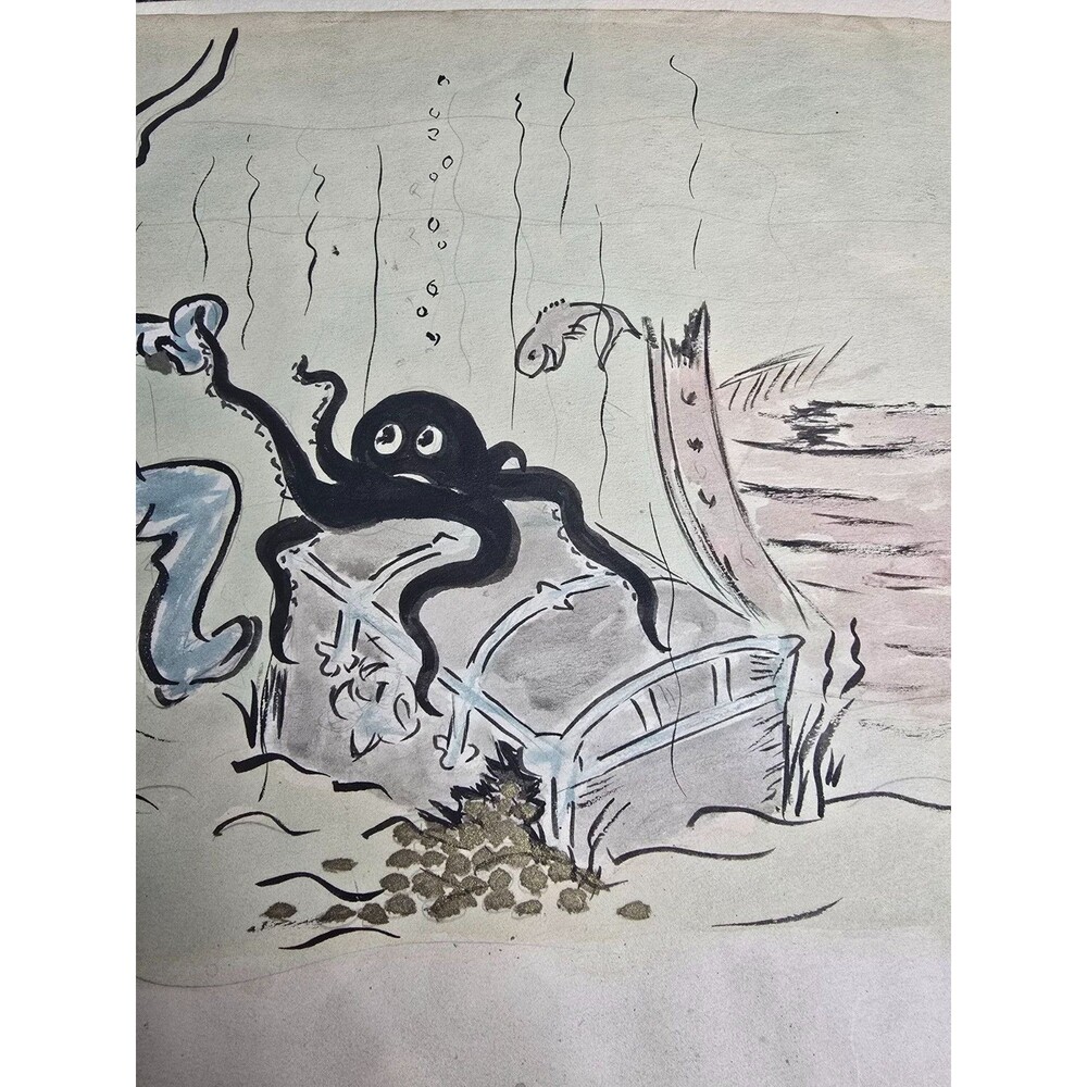 Vintage Hand-Drawn Diver & Octopus Illustration On Board George J Hough - Picture 5 of 8